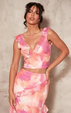 Online PrettyLittleThing Chiffon Floral Print Ruffle Maxi Skirt Bright Pink