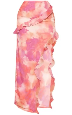 Online PrettyLittleThing Chiffon Floral Print Ruffle Maxi Skirt Bright Pink