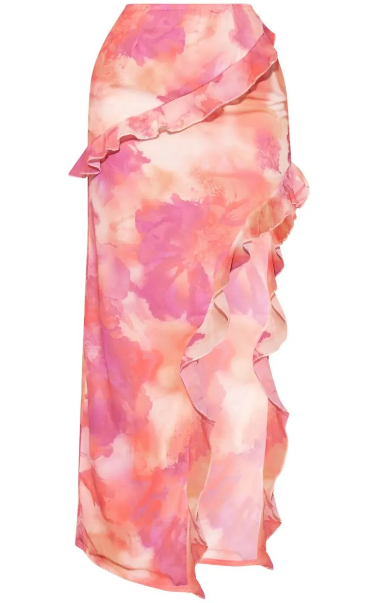 Online PrettyLittleThing Chiffon Floral Print Ruffle Maxi Skirt Bright Pink