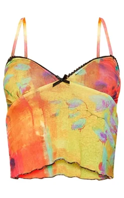 Discount PrettyLittleThing Floral Abstract Onion Skin Ruched Lettuce Hem Cami Top Bright Pink