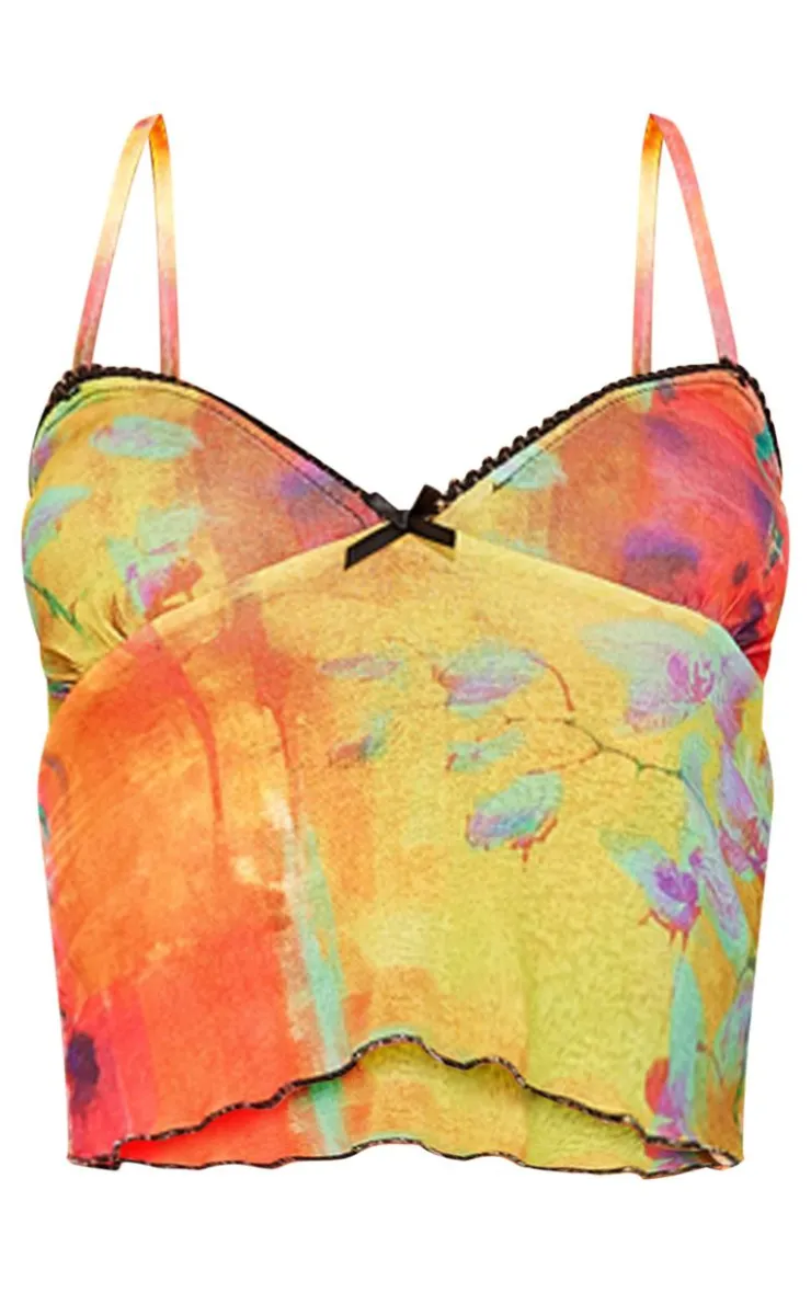 Discount PrettyLittleThing Floral Abstract Onion Skin Ruched Lettuce Hem Cami Top Bright Pink