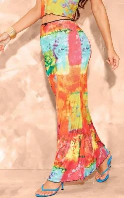 Sale PrettyLittleThing Floral Abstract Onion Skin Lettuce Hem Low Rise Maxi Skirt Bright Pink