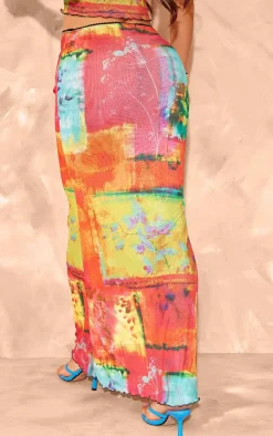 Sale PrettyLittleThing Floral Abstract Onion Skin Lettuce Hem Low Rise Maxi Skirt Bright Pink