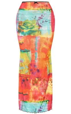 Sale PrettyLittleThing Floral Abstract Onion Skin Lettuce Hem Low Rise Maxi Skirt Bright Pink