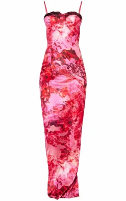 Floral Satin Print Lace Trim Maxi Dress-PrettyLittleThing Outlet