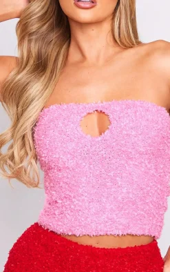 PrettyLittleThing Knitted Tops*Fuzzy Knit Key Hole Bandeau Top