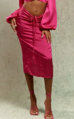 Discount PrettyLittleThing Satin Ruched V Front Detail Midaxi Skirt Bright Pink