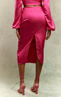 Discount PrettyLittleThing Satin Ruched V Front Detail Midaxi Skirt Bright Pink