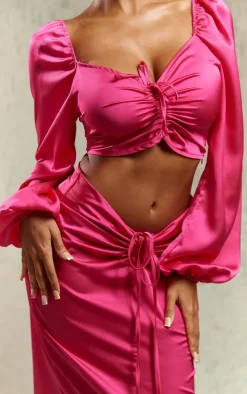Discount PrettyLittleThing Satin Ruched V Front Detail Midaxi Skirt Bright Pink
