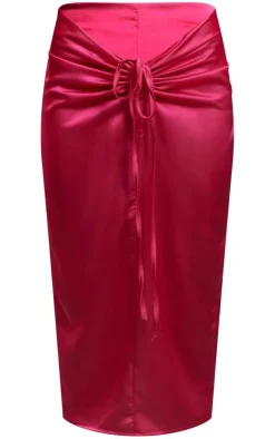 Discount PrettyLittleThing Satin Ruched V Front Detail Midaxi Skirt Bright Pink