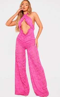 Textured Floral Cross Front Jumpsuit-PrettyLittleThing New