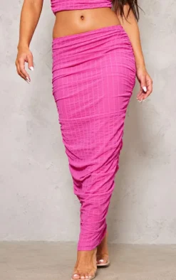 Best PrettyLittleThing Textured Mesh Ruched Low Rise Midaxi Skirt Bright Pink