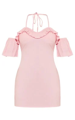 Woven Frill Bardot Halter Cut Out Shift Dress-PrettyLittleThing Online