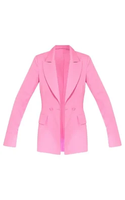 Clearance PrettyLittleThing Woven Pocket Detail Double Breasted Blazer Bright Pink