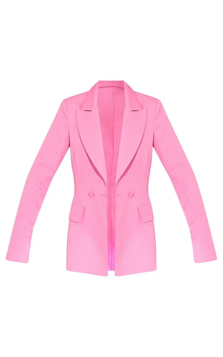 Clearance PrettyLittleThing Woven Pocket Detail Double Breasted Blazer Bright Pink