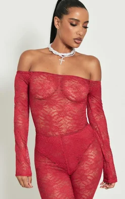 PrettyLittleThing Lace Bardot Long Sleeve Bodysuit Bright Red