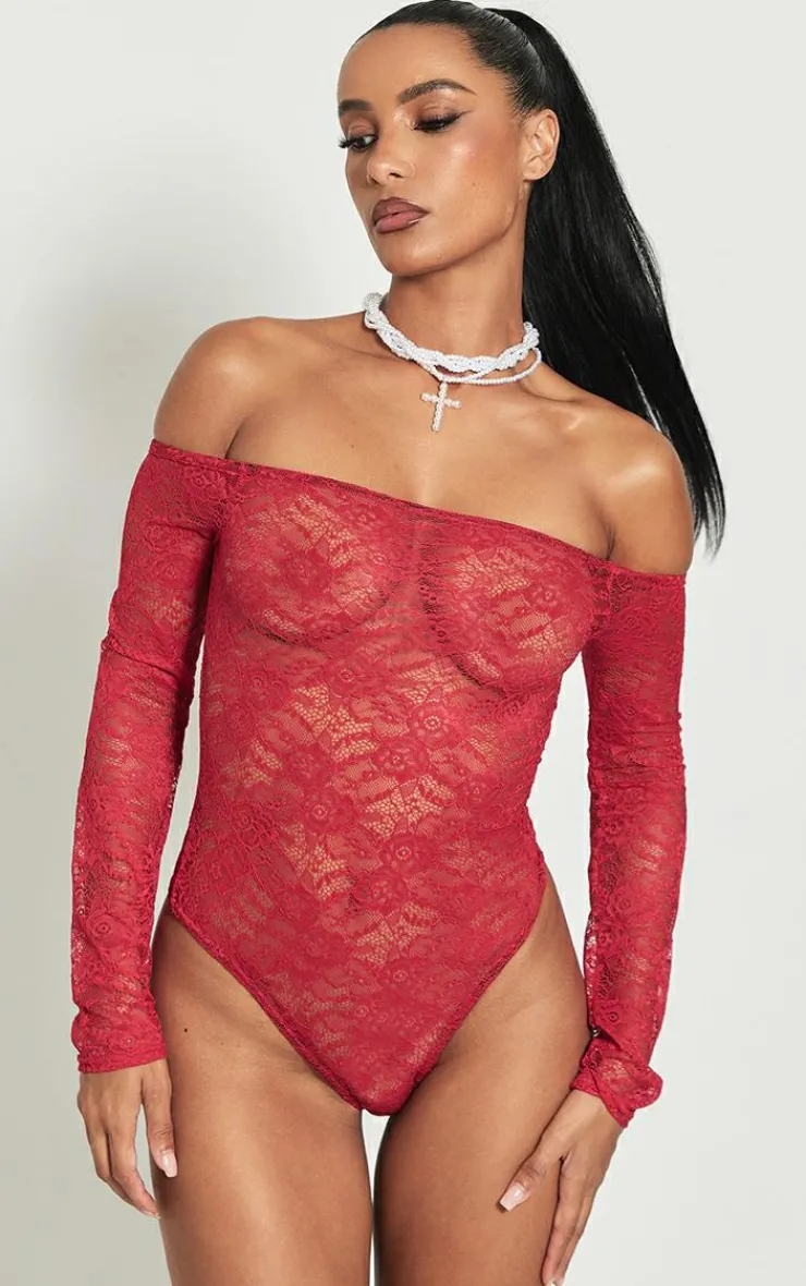 PrettyLittleThing Lace Bardot Long Sleeve Bodysuit Bright Red