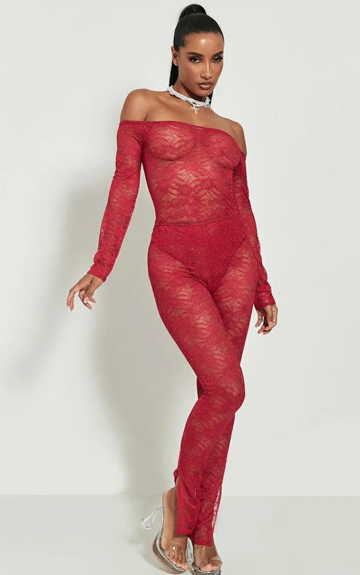 PrettyLittleThing Lace Bardot Long Sleeve Bodysuit Bright Red