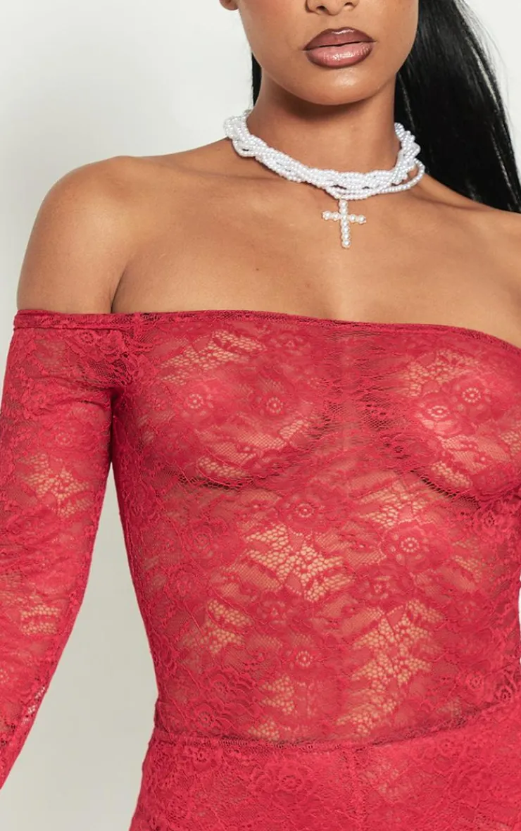 PrettyLittleThing Lace Bardot Long Sleeve Bodysuit Bright Red