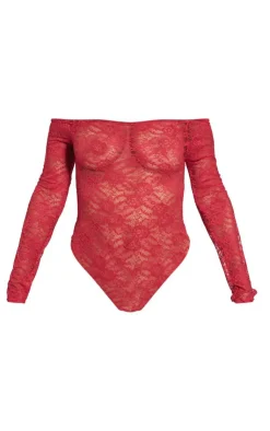 PrettyLittleThing Lace Bardot Long Sleeve Bodysuit Bright Red