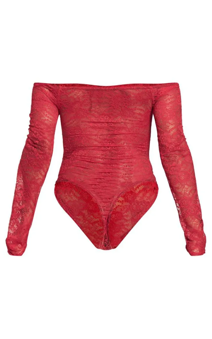 PrettyLittleThing Lace Bardot Long Sleeve Bodysuit Bright Red