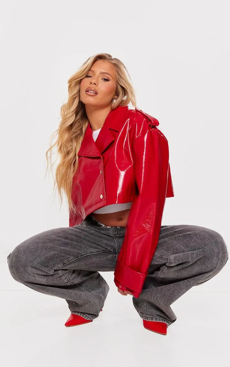 PrettyLittleThing Trench Coats*Patent Faux Leather Cropped Trench
