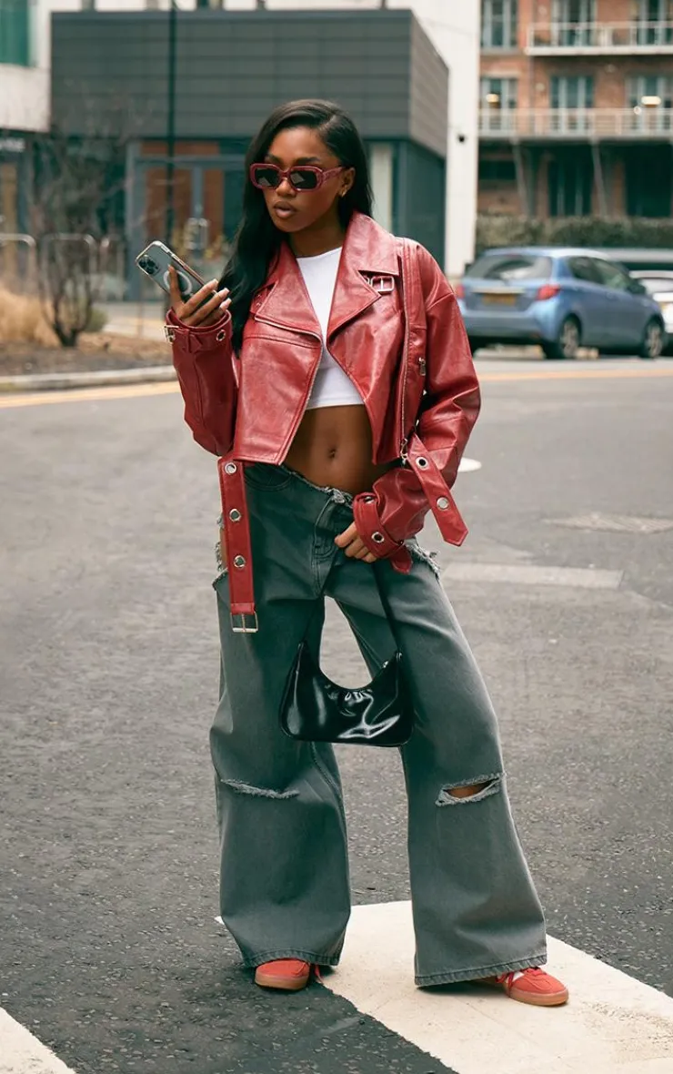 PrettyLittleThing Faux Leather Jackets*Patent Faux Leather Belt Detail Cropped Biker Jacket