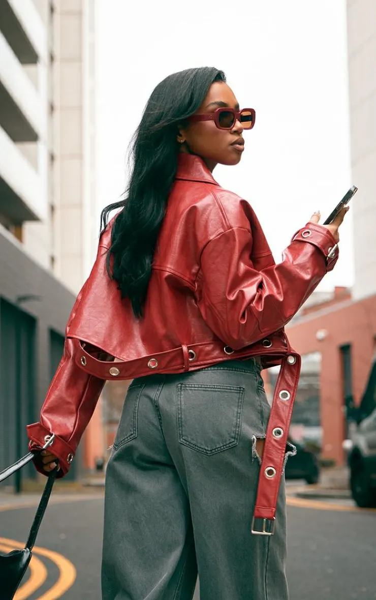 PrettyLittleThing Faux Leather Jackets*Patent Faux Leather Belt Detail Cropped Biker Jacket