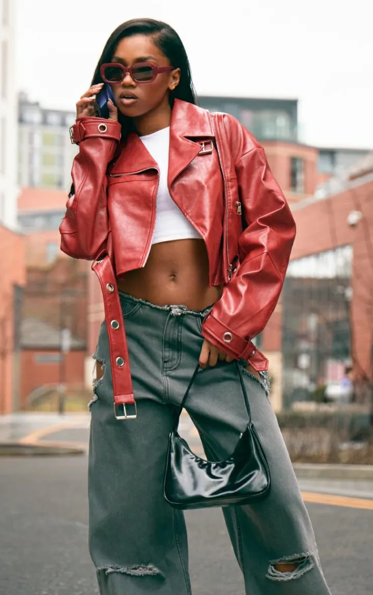 PrettyLittleThing Faux Leather Jackets*Patent Faux Leather Belt Detail Cropped Biker Jacket