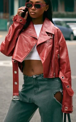 PrettyLittleThing Faux Leather Jackets*Patent Faux Leather Belt Detail Cropped Biker Jacket