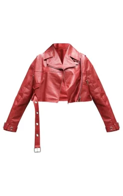 PrettyLittleThing Faux Leather Jackets*Patent Faux Leather Belt Detail Cropped Biker Jacket