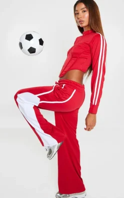New PrettyLittleThing Side Stripe Wide Leg Sweatpant Co Ord Bright Red