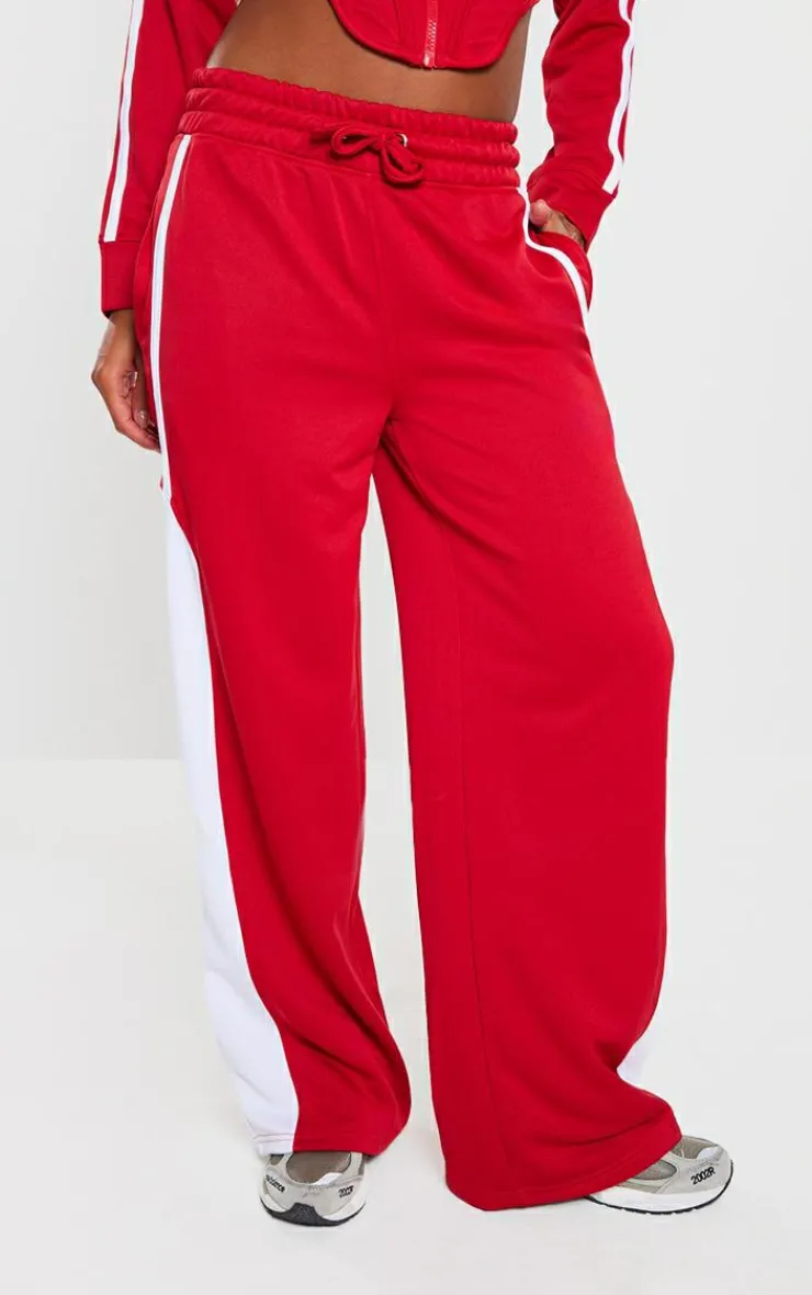 New PrettyLittleThing Side Stripe Wide Leg Sweatpant Co Ord Bright Red