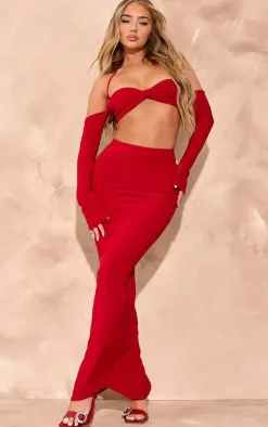 Best PrettyLittleThing Slinky Low Rise Maxi Skirt Bright Red