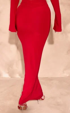Best PrettyLittleThing Slinky Low Rise Maxi Skirt Bright Red