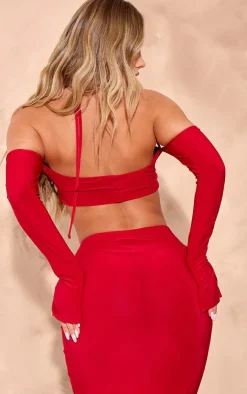 New PrettyLittleThing Slinky Twist Front Long Sleeve Bardot Top Bright Red