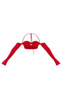 New PrettyLittleThing Slinky Twist Front Long Sleeve Bardot Top Bright Red