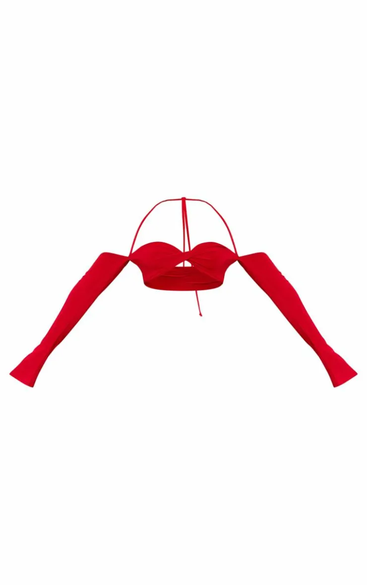New PrettyLittleThing Slinky Twist Front Long Sleeve Bardot Top Bright Red