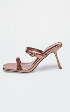 PrettyLittleThing Mules*Croc PU Square Toe Strappy Heeled Mule Sandals