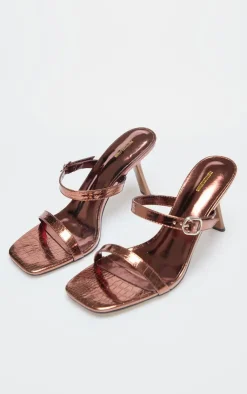 PrettyLittleThing Mules*Croc PU Square Toe Strappy Heeled Mule Sandals