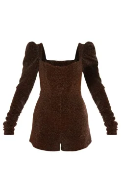 PrettyLittleThing Christmas Shop*Glitter Plisse Ruched Long Sleeve Romper