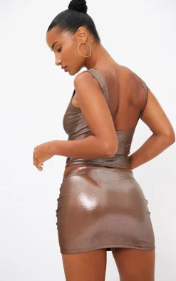 Online PrettyLittleThing Metallic Open Back Cap Sleeve Longline Top Bronze
