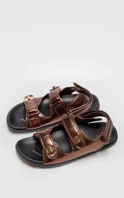 PrettyLittleThing Flat Sandals*PU Round Toe Buckled Sling Back Footbed Sandals