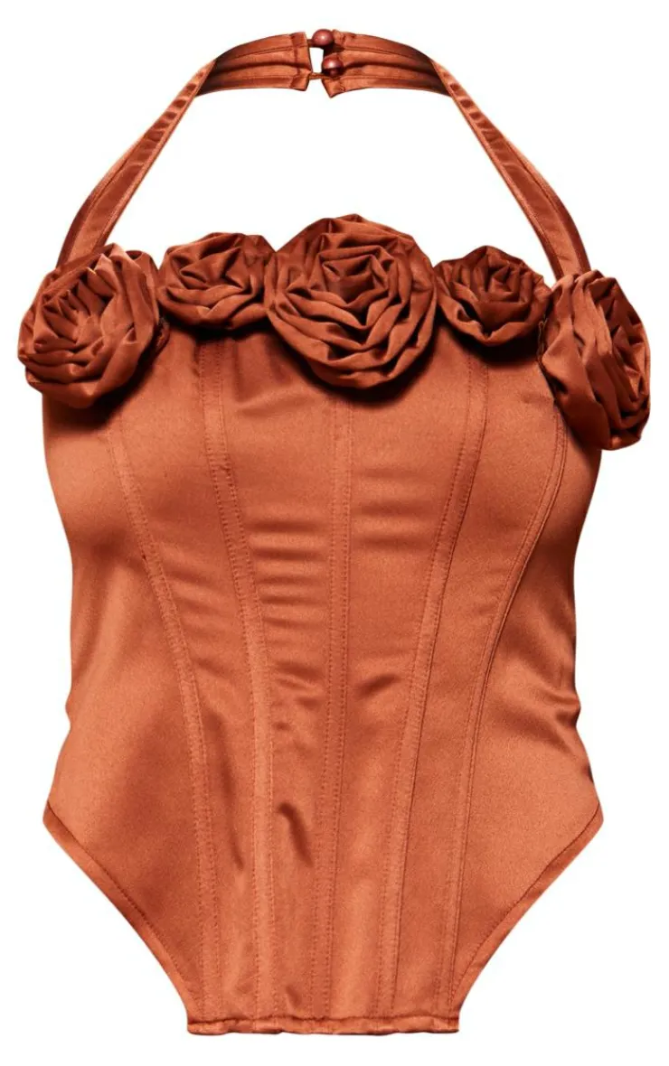 Satin Rose Applique Trim Halterneck Corset-PrettyLittleThing Best