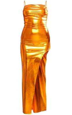 Skinny Strap Thigh Spilt Metallic Midi Dress-PrettyLittleThing Hot