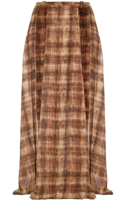 Brown Abstract Check Print Ring Split Maxi Skirt