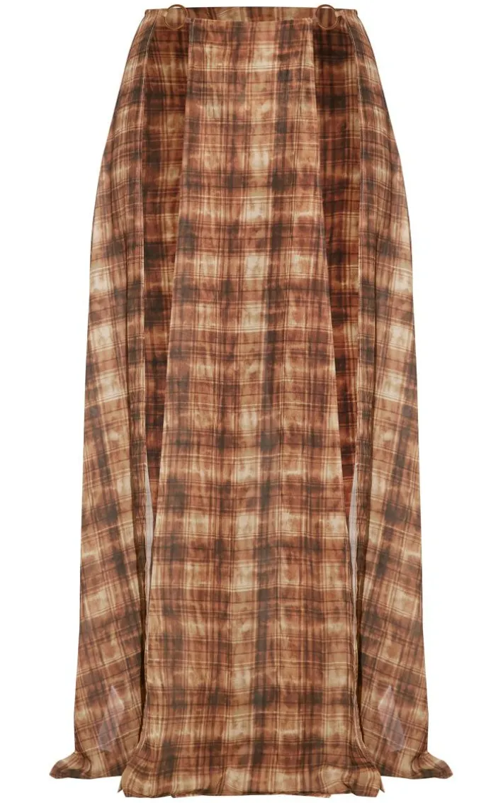 Brown Abstract Check Print Ring Split Maxi Skirt