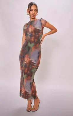 Abstract Print Mesh Lettuce Hem Maxi Dress-PrettyLittleThing New