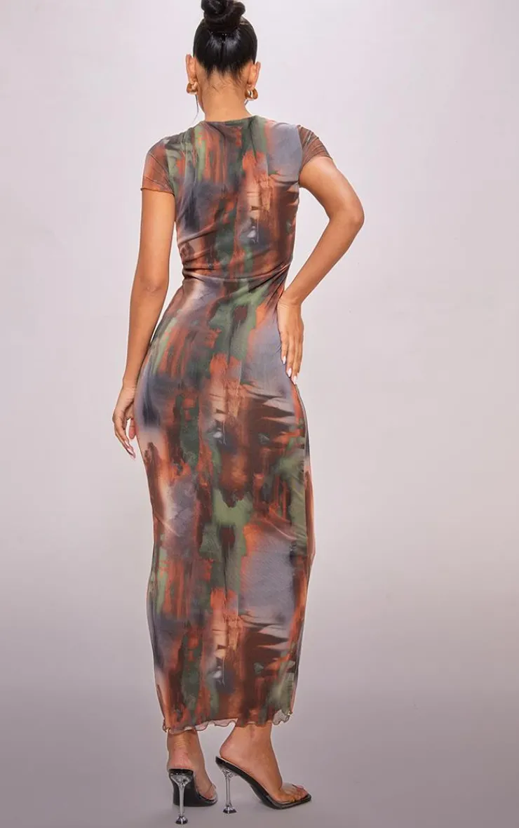 Abstract Print Mesh Lettuce Hem Maxi Dress-PrettyLittleThing New