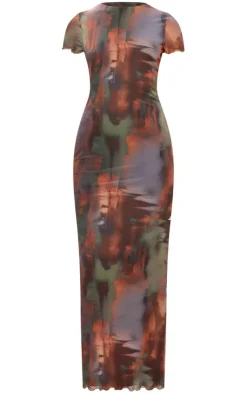 Abstract Print Mesh Lettuce Hem Maxi Dress-PrettyLittleThing New